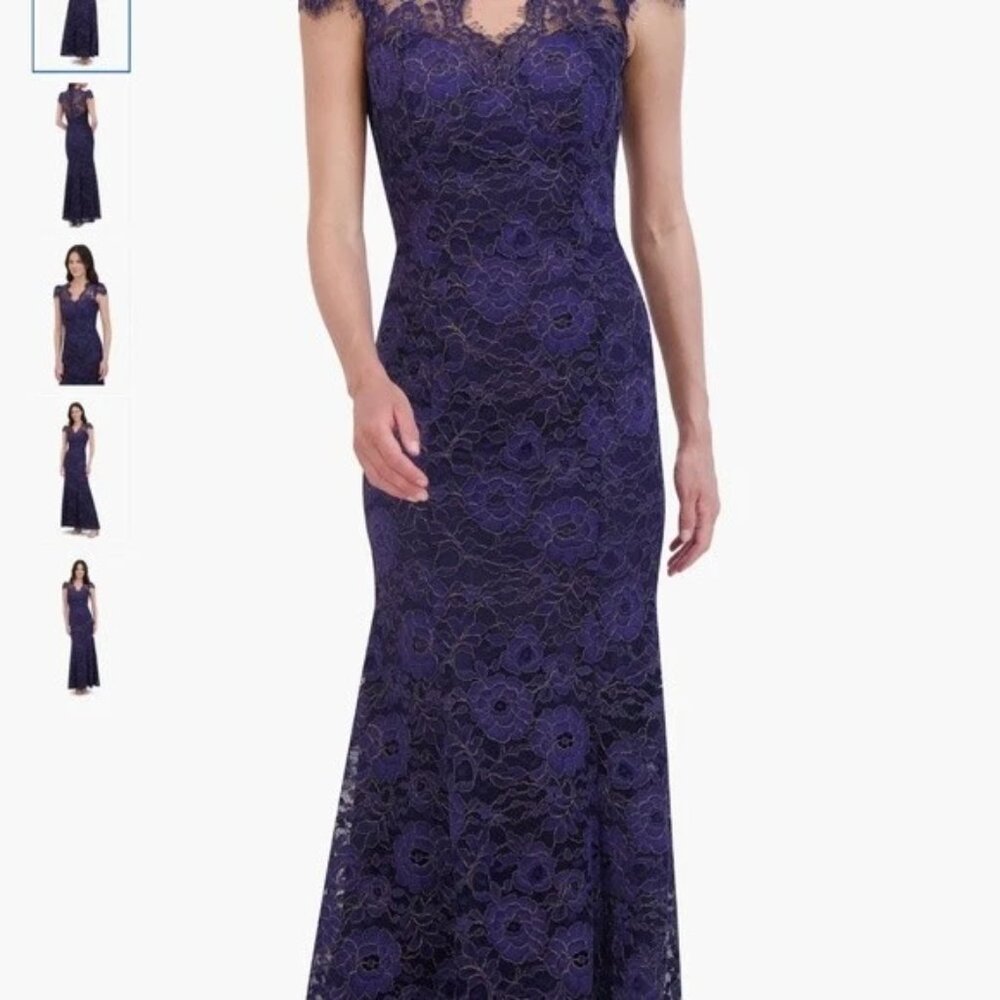 NWT Eliza J Eyelash Lace Cap Sleeve Trumpet Gown NAVY GOLD